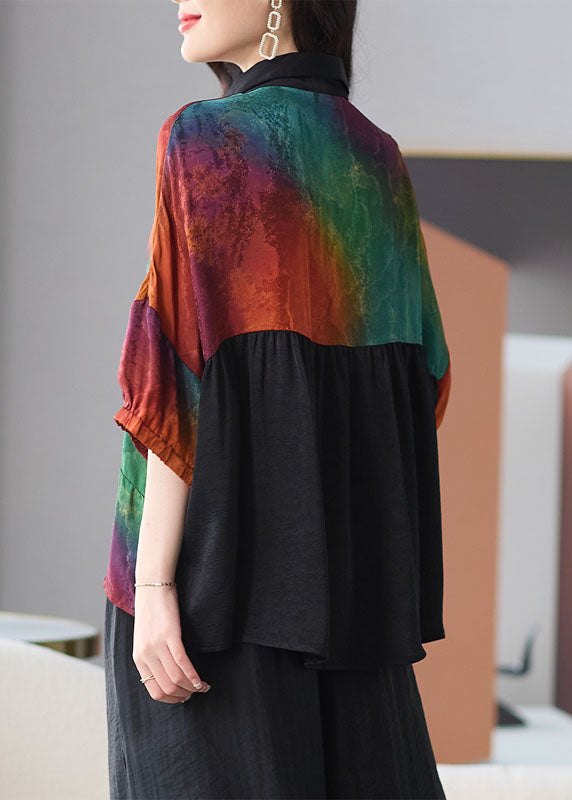 Diy Colorblock Peter Pan Collar Button Patchwork Silk Shirts Summer