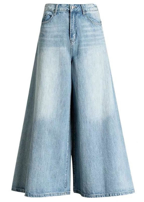 Diy Light Blue-sunflower Pockets Wide Leg Fall Denim Pants