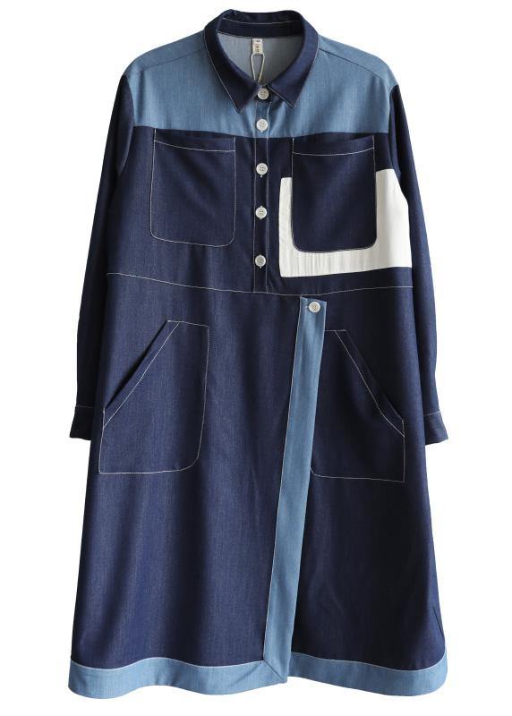 Diy Navy Long Sleeve Chiffon Dress Patchwork Mid Dress