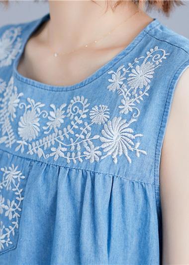 Diy Sleeveless Embroidery Cotton Clothes Work Denim Blue Dresses Summer