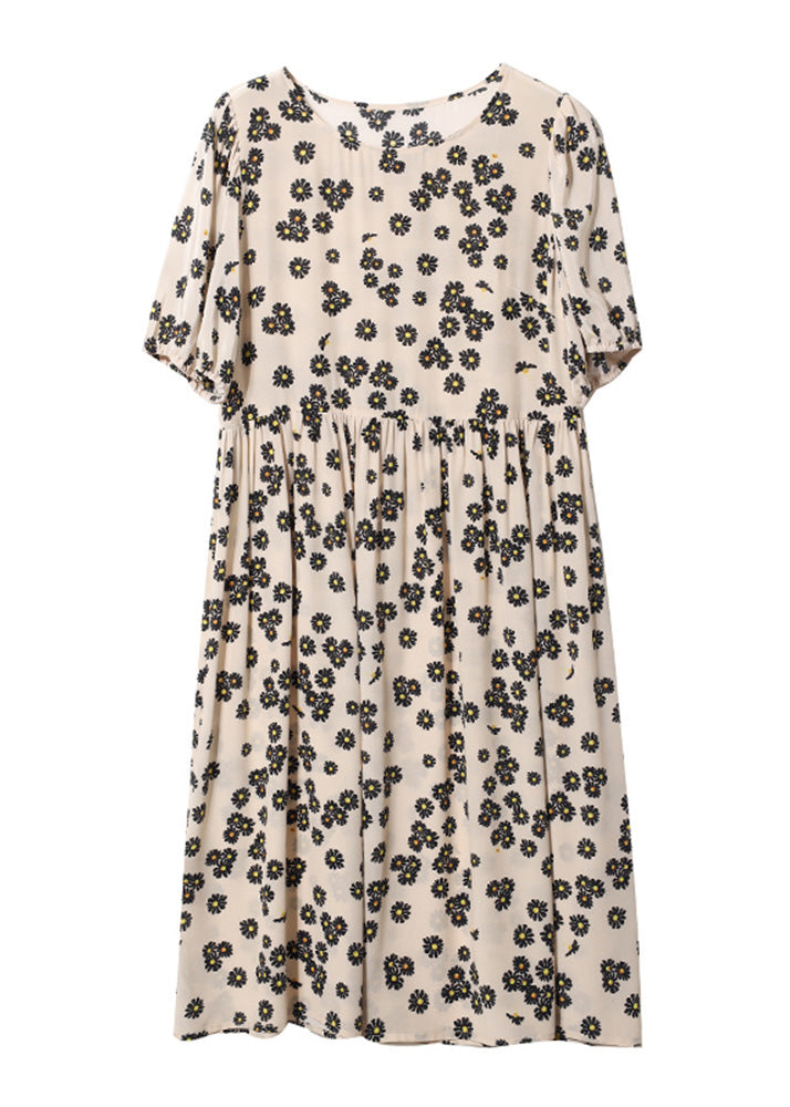 Beige Patchwork Wrinkled Silk Long Dress Short Sleeve