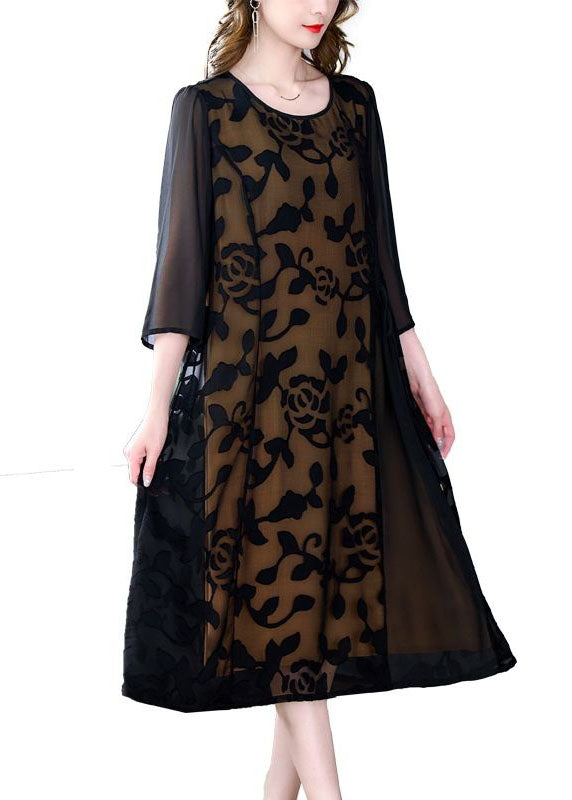 Black O-neck Embroideried Patchwork Tulle Dresses Summer