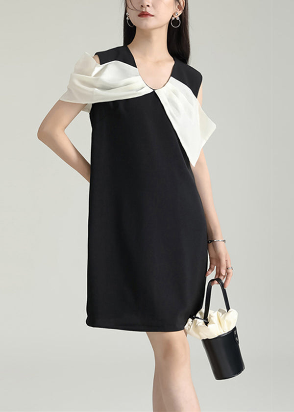 Black Wrinkled Patchwork Cotton Mid Dress Sleeveless