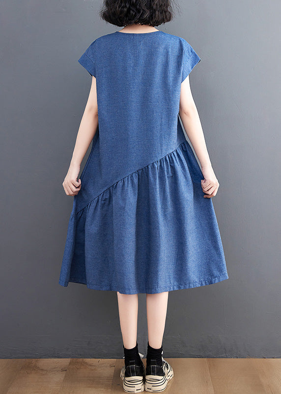 Blue O-neck Patchwork Silk Denim Maxi Dress Summer