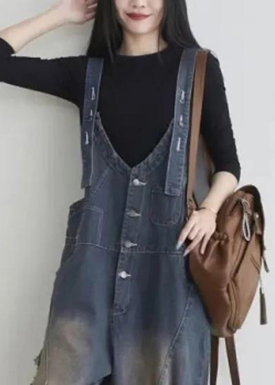 Blue V Neck Patchwork Button Jumpsuit Summer