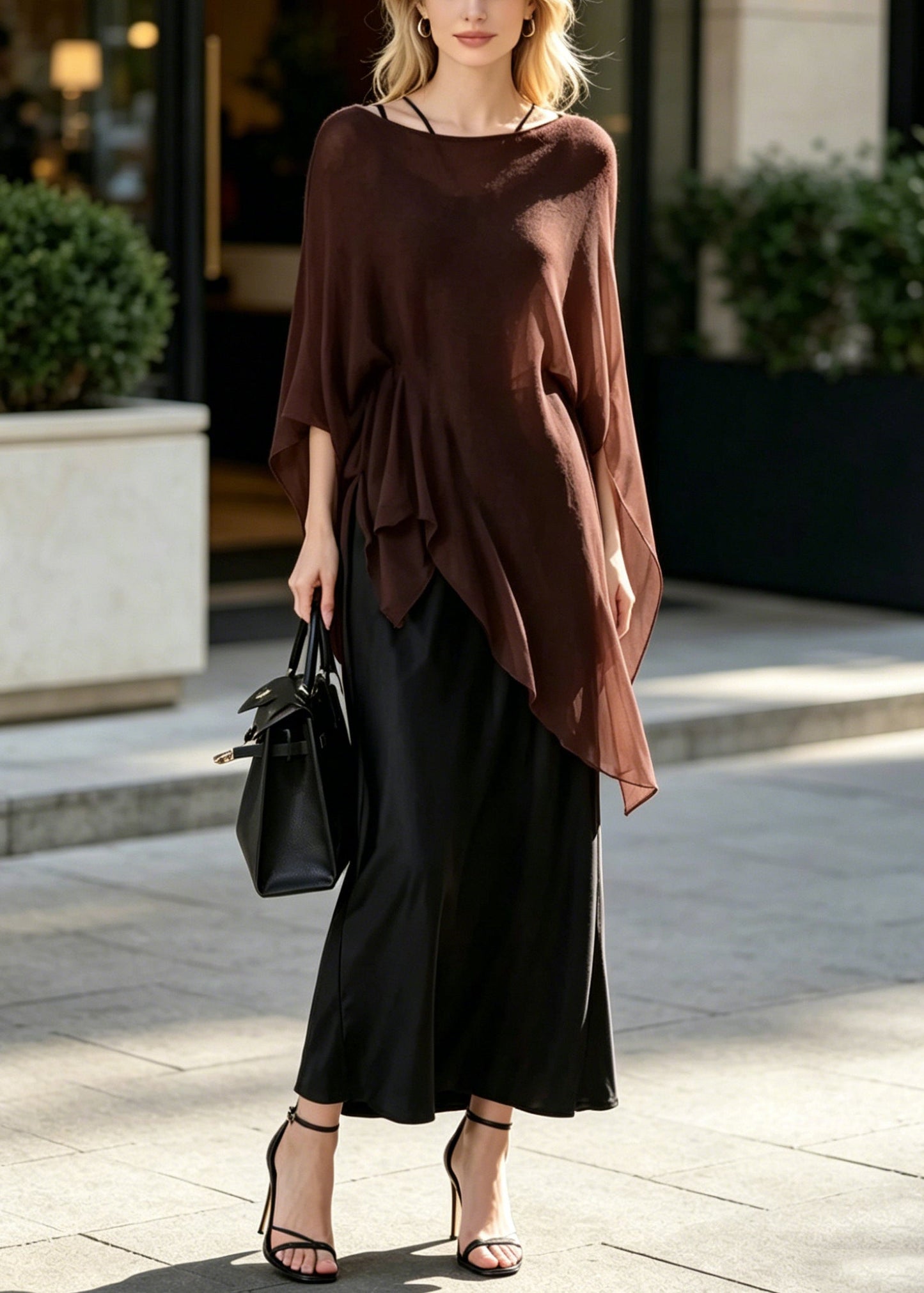 Brown Oversized Draping Chiffon Two Pieces Set Summer