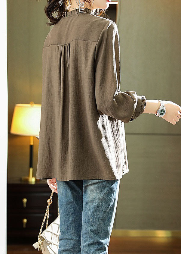 Brown V Neck Ruffled Patchwork Chiffon Blouse Long Sleeve