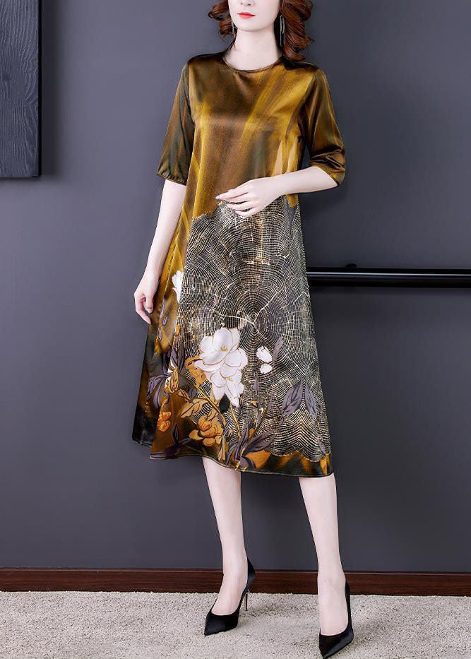 Gold O Neck Print Patchwork Silk Dress Summer