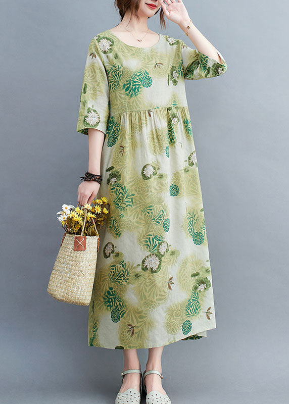 Green O-neck Wrinkled Print Cotton Long Dress Half Sleeve