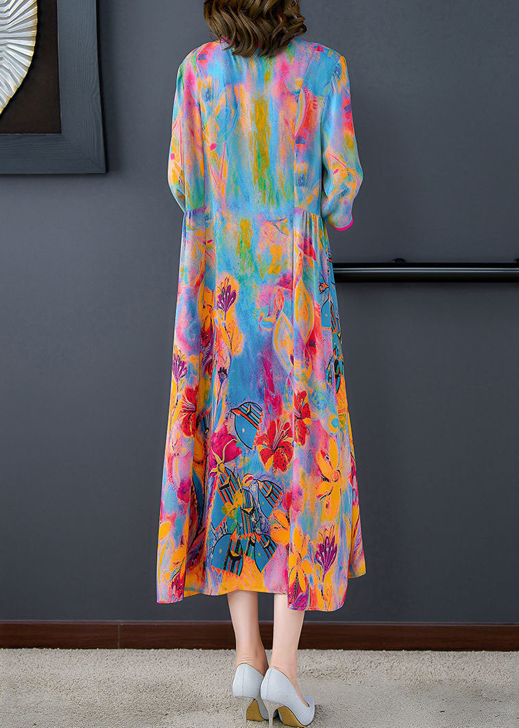 O-neck Oversized Print Silk Long Dress Bracelet Sleeve