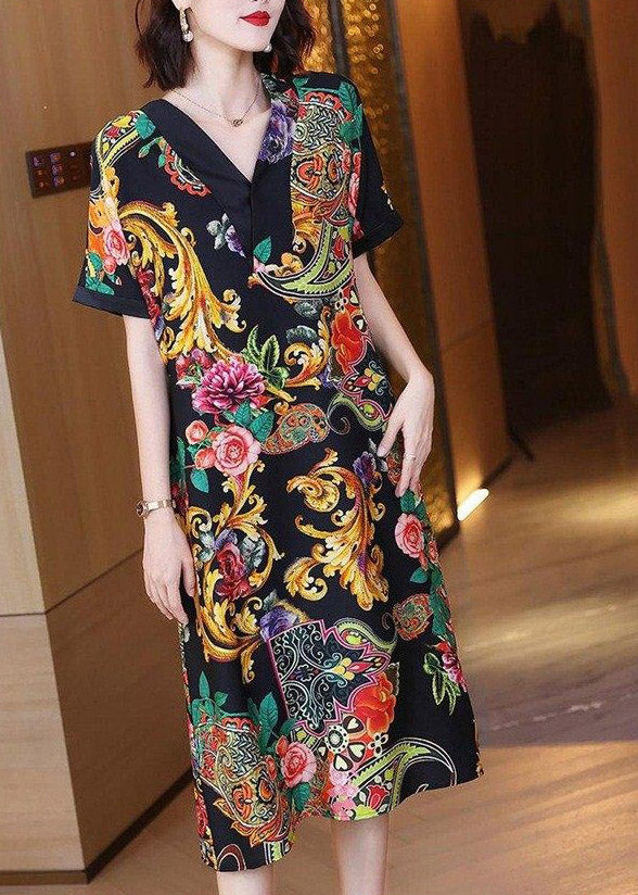 V Neck Print Silk Party Dress Short Sleeve