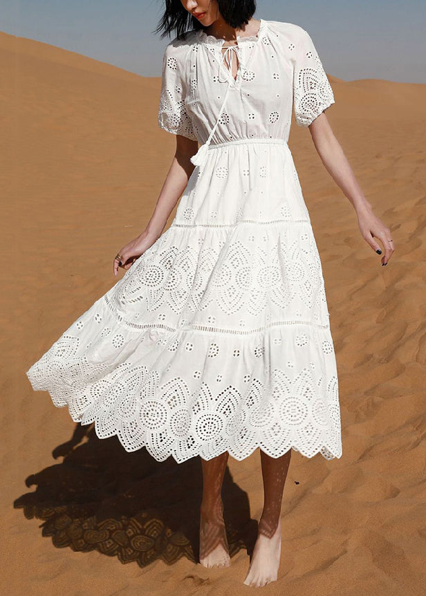 White Hollow Out Lace Up Cotton Long Dress Summer