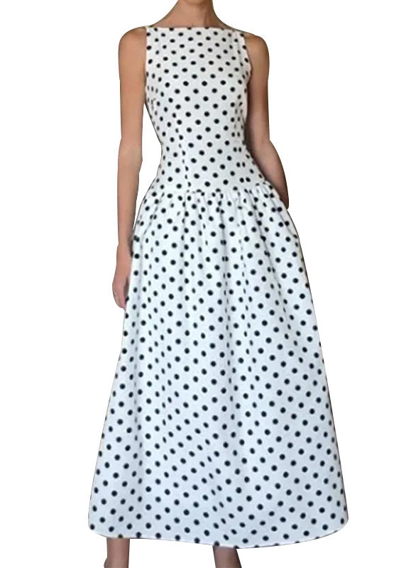 White O Neck Dot Print Cotton Long Dresses Sleeveless