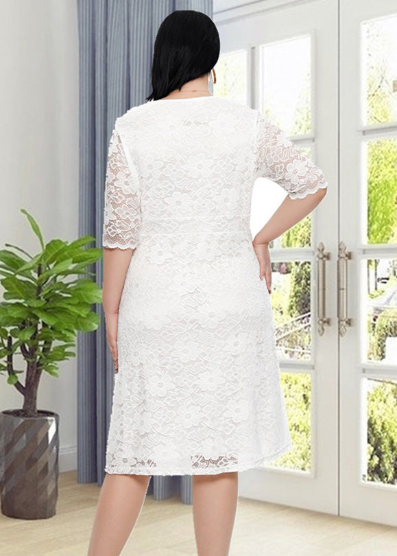 White V Neck Patchwork Lace Mid Dresses Short Sleeve