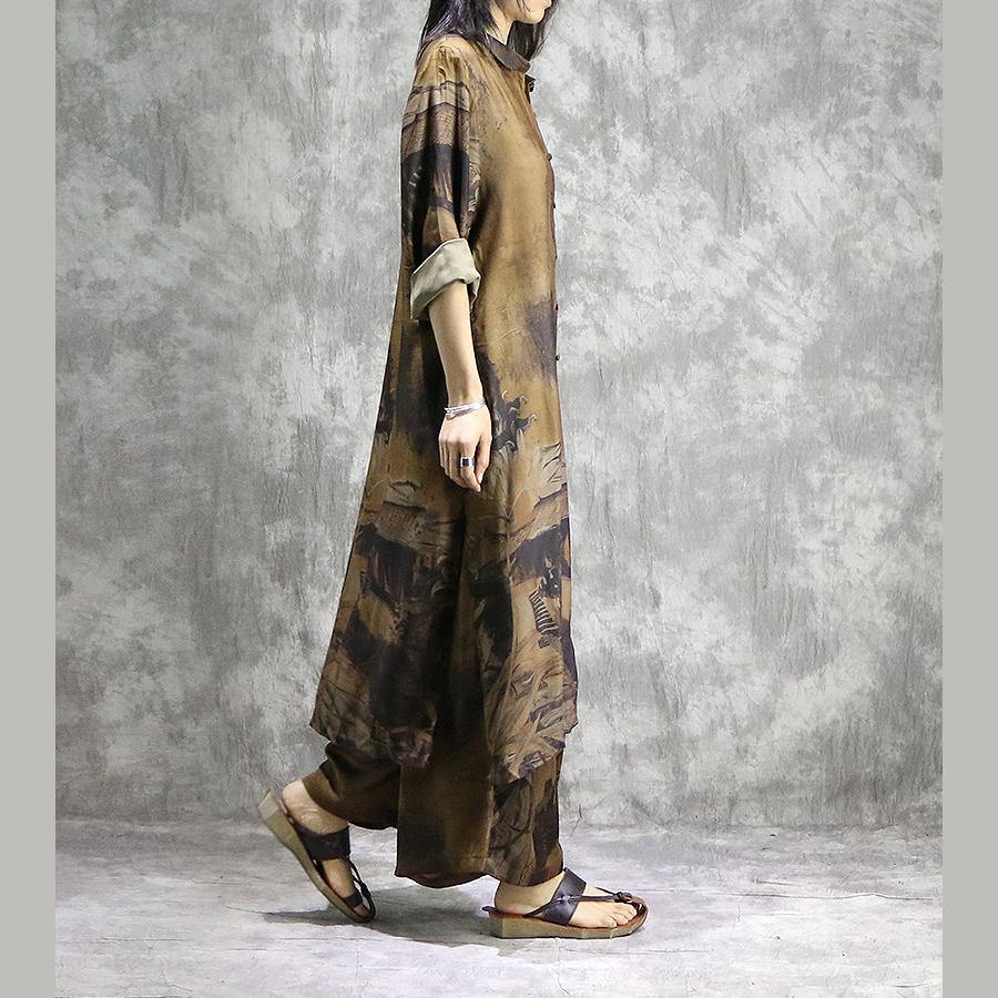 CD | Elegant pantaloni largi picior mătase tunici galben două piese plus dimensiunea rochie printuri de vară