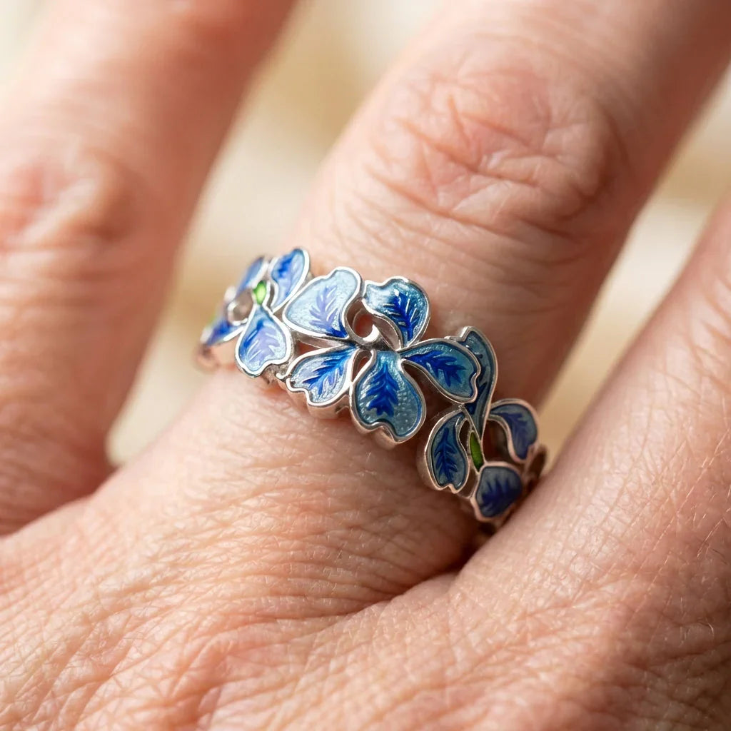 Elegant Blue Enamel Flower Ring