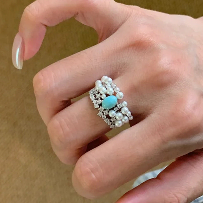 Elegant Turquoise Pearl Band Ring
