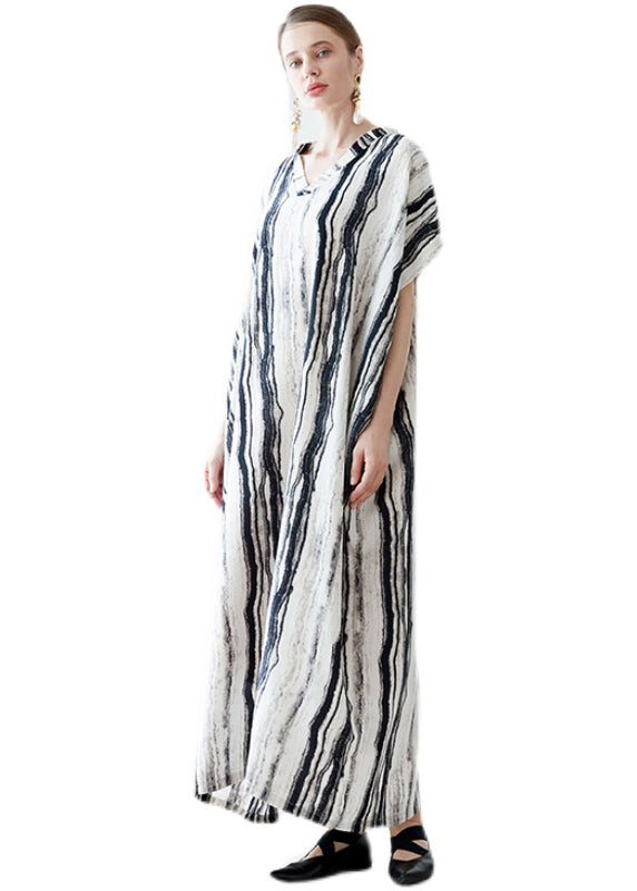European and American Style V Neck Striped Cotton Holiday Robe Dresses Summer