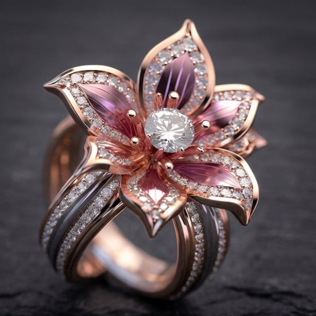 Exotic Pink Lotus Crystal Ring