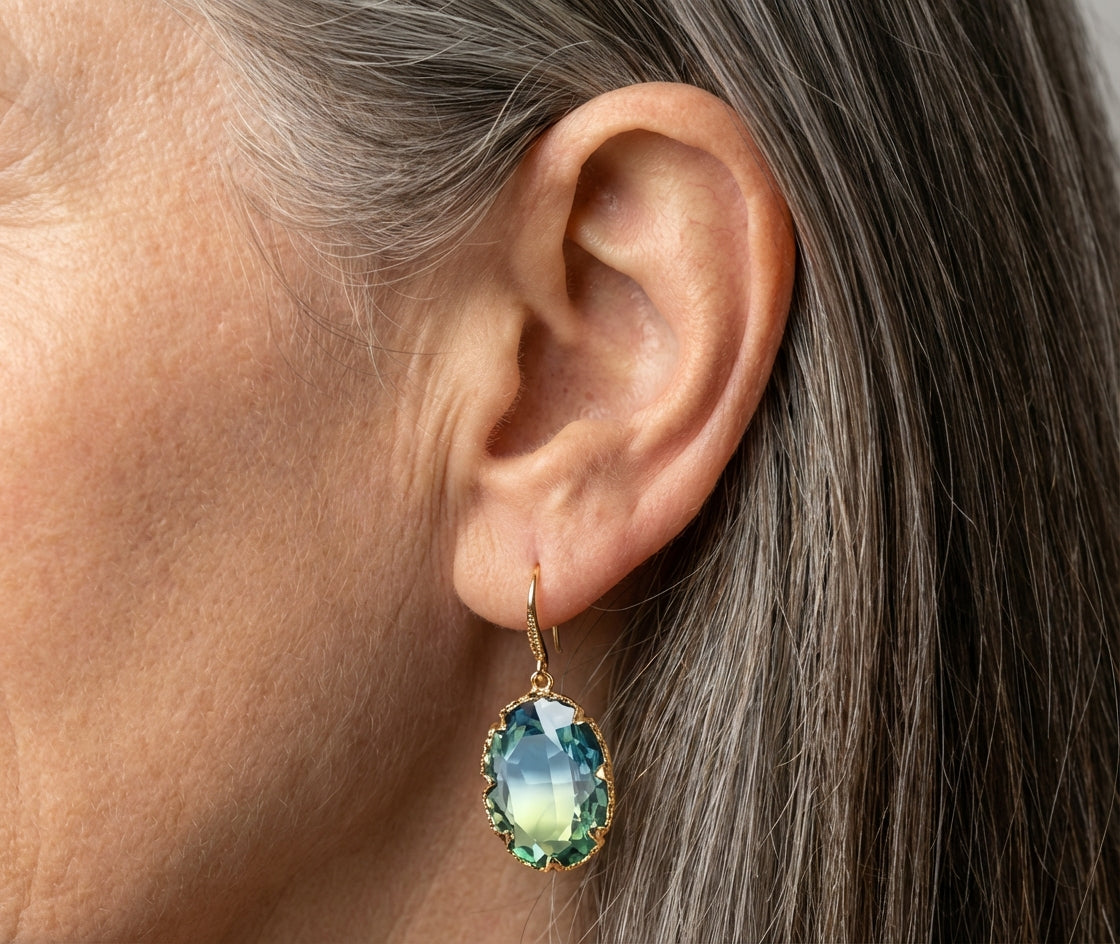 Exquisite Oval Inlaid With Blue Green Zircon Earrings
