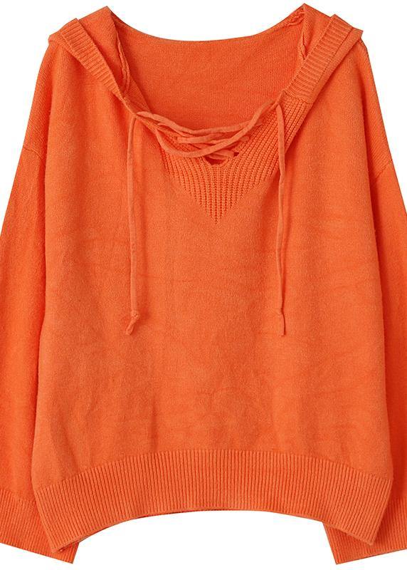 Orange Knitted Blouse Oversized Hooded Drawstring Knitted Tops