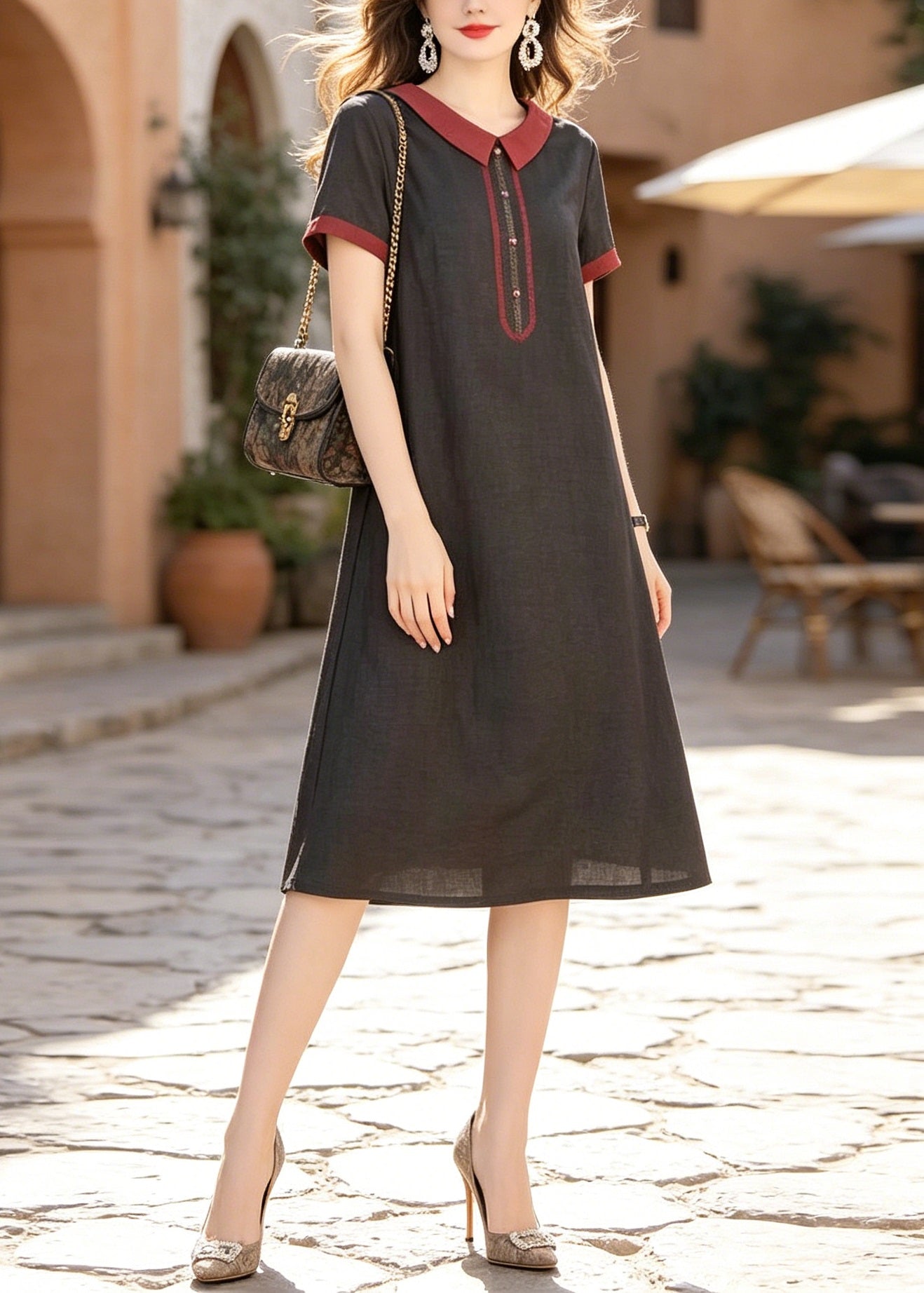 Black Peter Pan Collar Pockets Silk Dress Summer