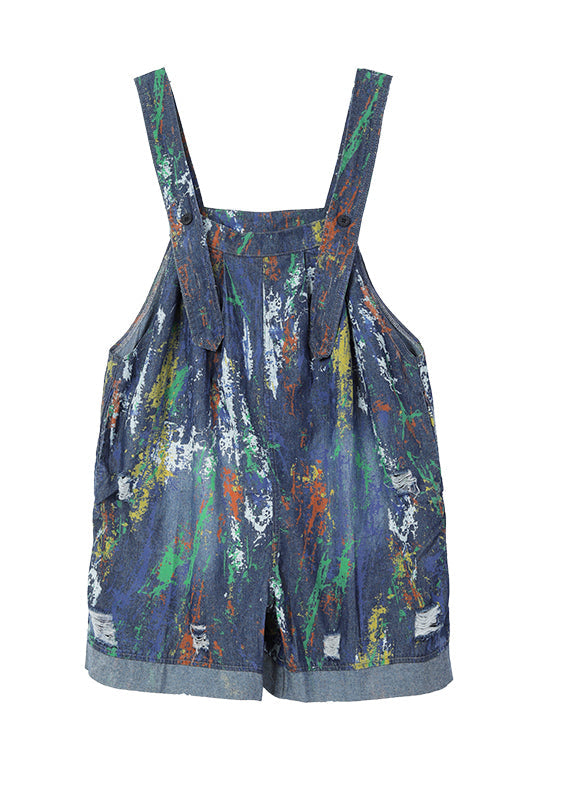 Blue Oversized Tie Dye Denim Jumpsuits Ripped Shorts Summer
