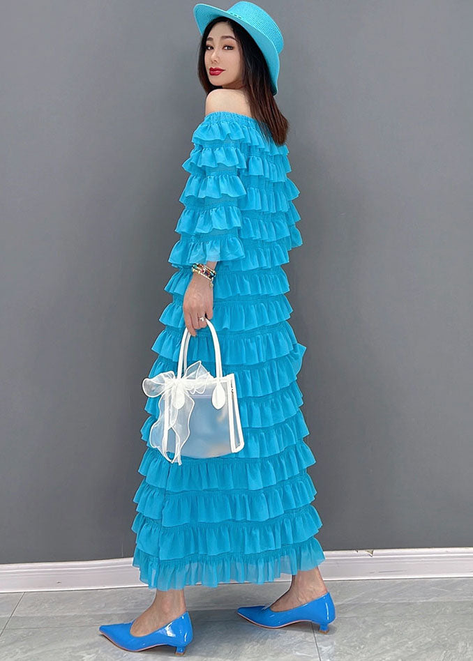 Blue Slash Neck Layered Ruffles Tulle Long Dresses Half Sleeve