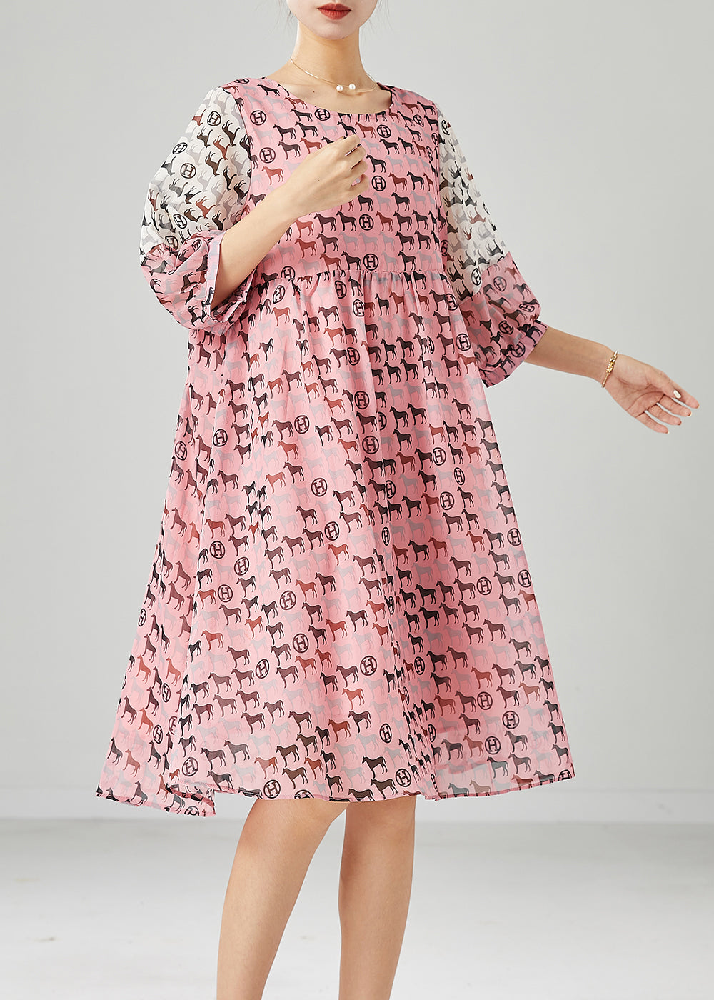 Pink Pony Print Patchwork Chiffon Dress Summer