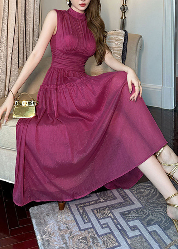 Purple Stand Collar High Waist Chiffon Holiday Maxi Dress Sleeveless
