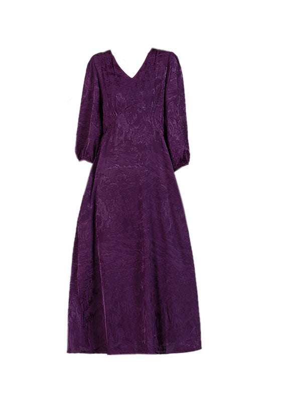 Purple V Neck Jacquard Patchwork Wrinkled Silk Dresses Bracelet Sleeve