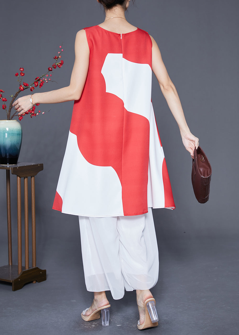 Red O-neck Print Satin a Line Dress Summer
