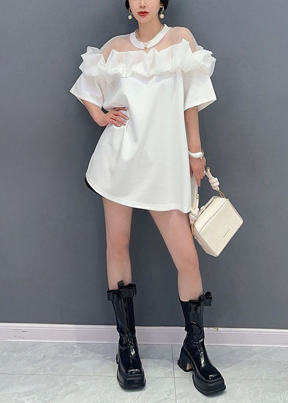 White O Neck Ruffled Tulle Patchwork Cotton Mid Dress Summer