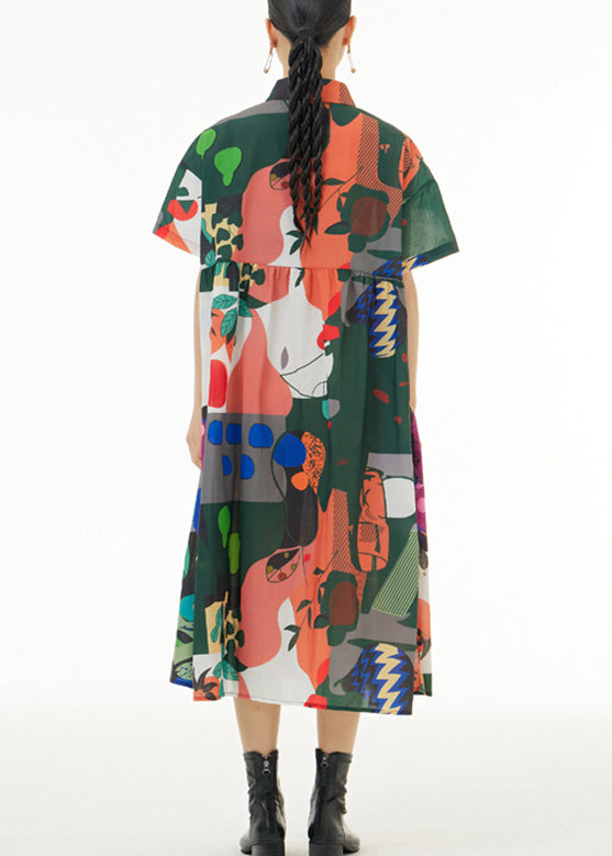 White Peter Pan Collar Print Button Cotton Long Shirt Dress Short Sleeve