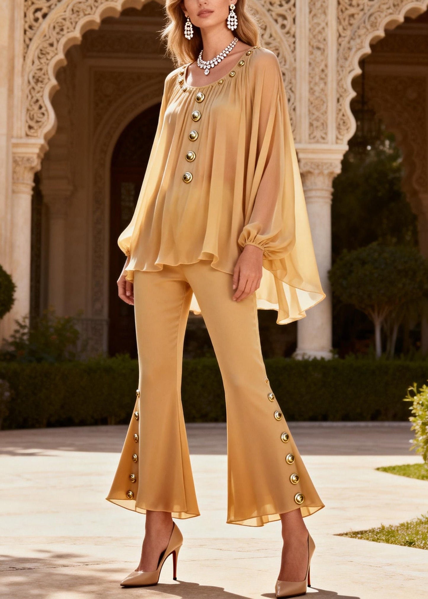 Fine Yellow O Neck Sequined Patchwork Silk Two Pieces Set Spring