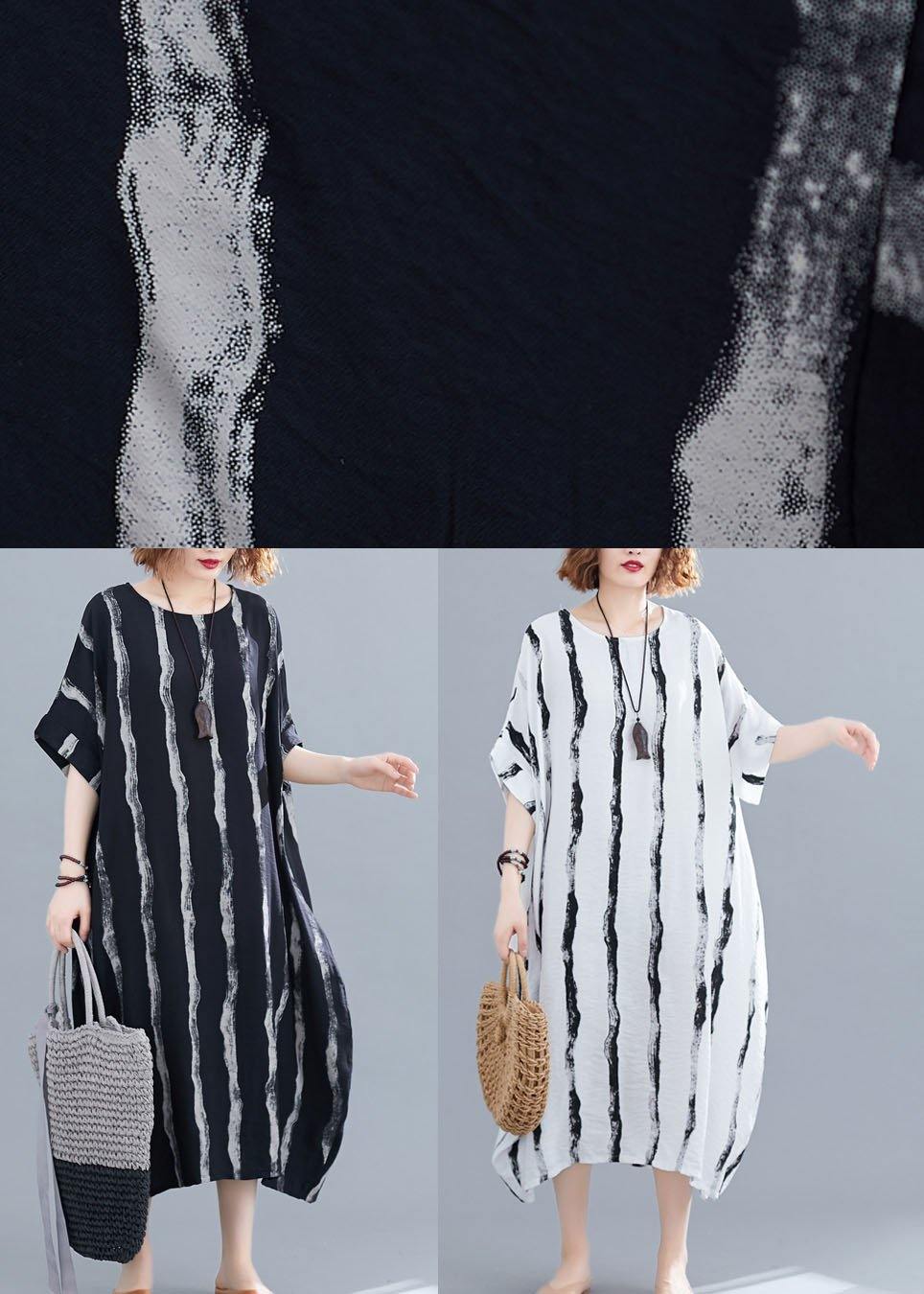 Fitted White O-neck Striped Summer Robe Dresses
