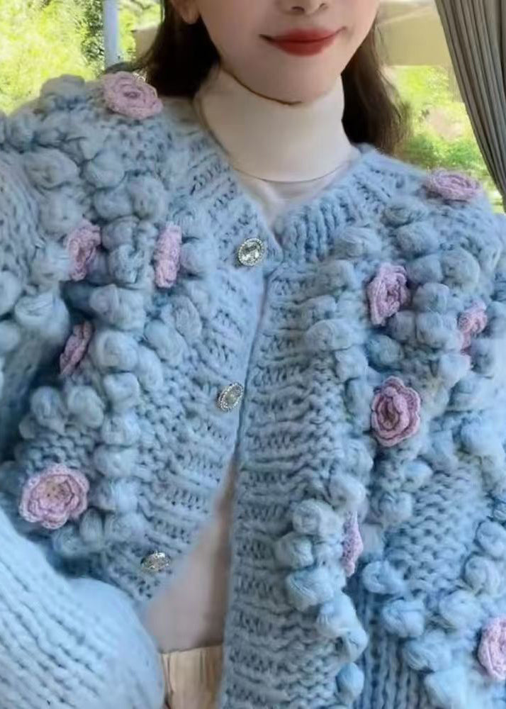 Blue O Neck Button Cozy Knit Coat Spring
