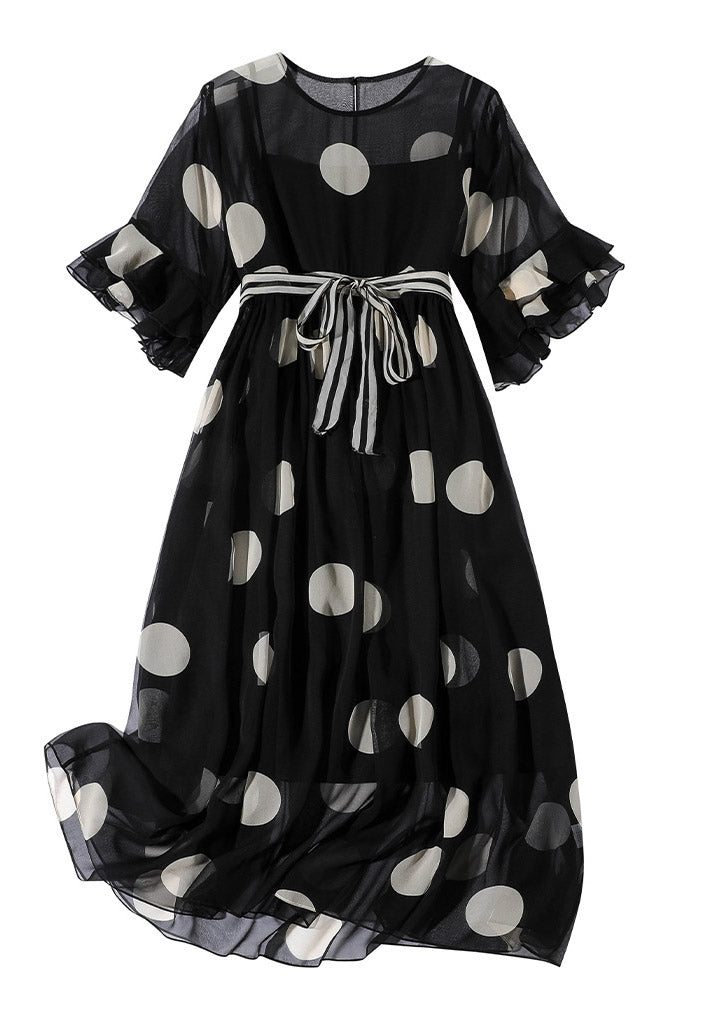 French Black O-neck Dot Print Silk Dress Two Pieces Set Flare Sleeve