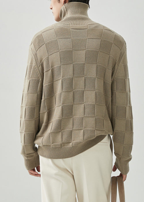 French Grey Turtleneck Plaid Knit Sweater Tops Fall