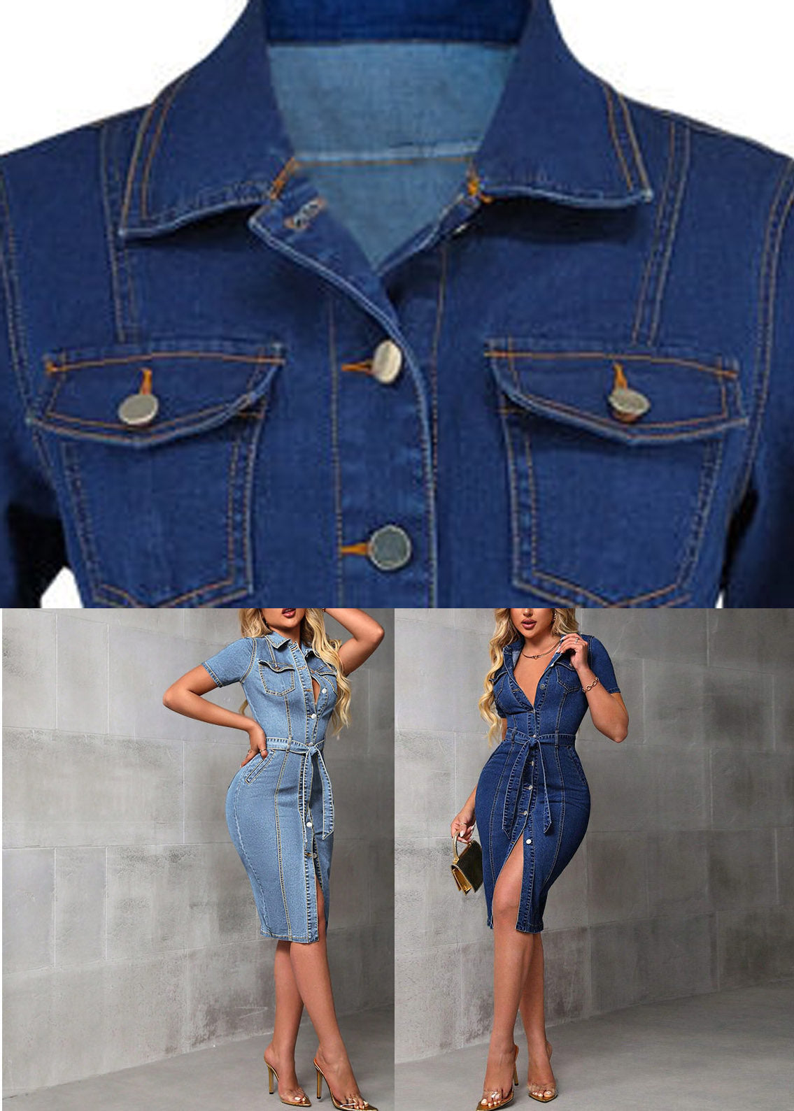 French Light Blue Peter Pan Collar Button Denim Long Dresses Summer