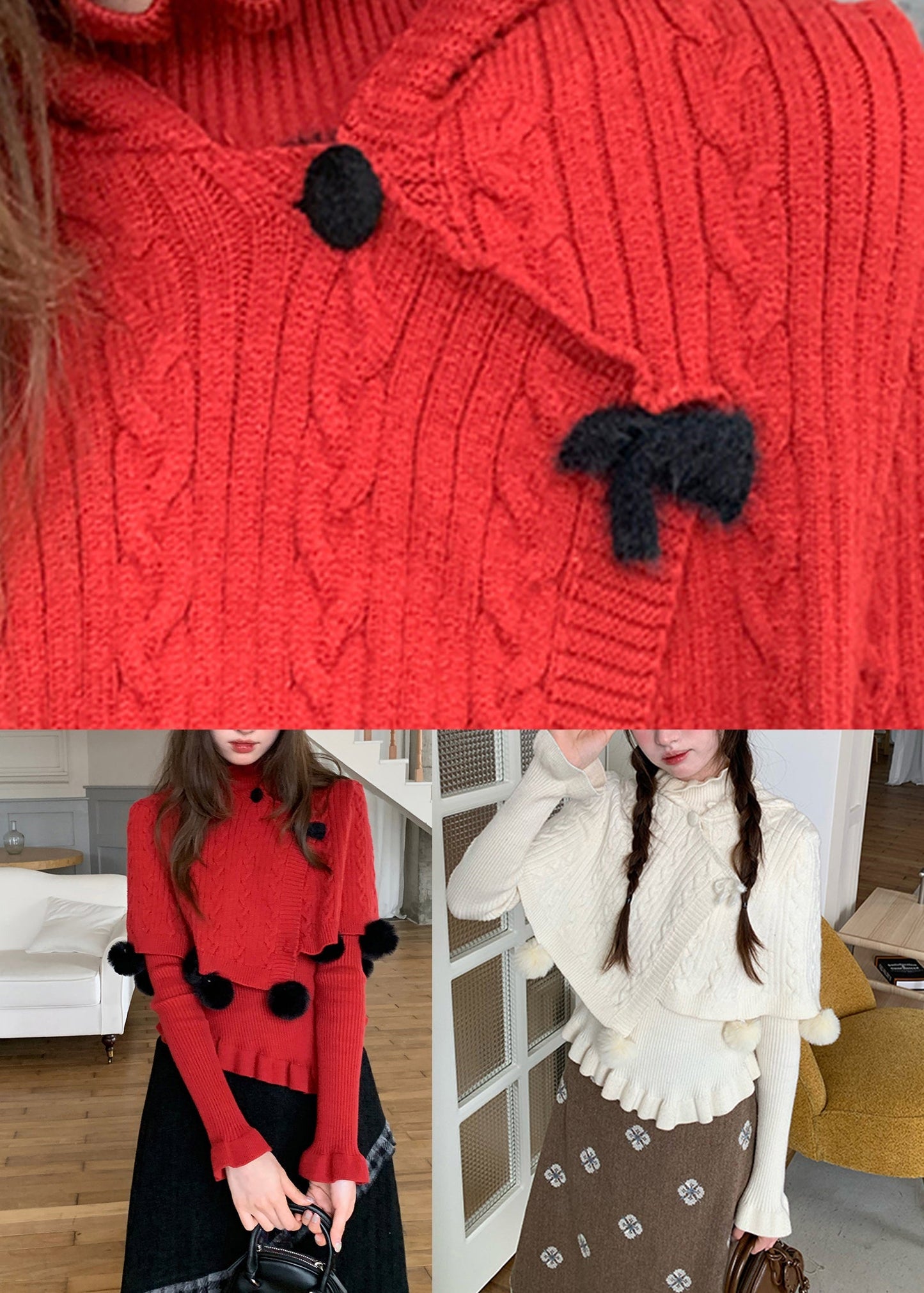 French Red Fuzzy Ball Decorated Cotton Knit Cloak and Sweaters Two-piece Set Spring