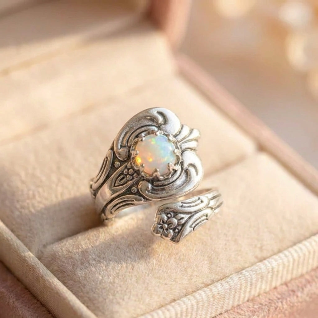 White Opal Spoon Adjustable Ring