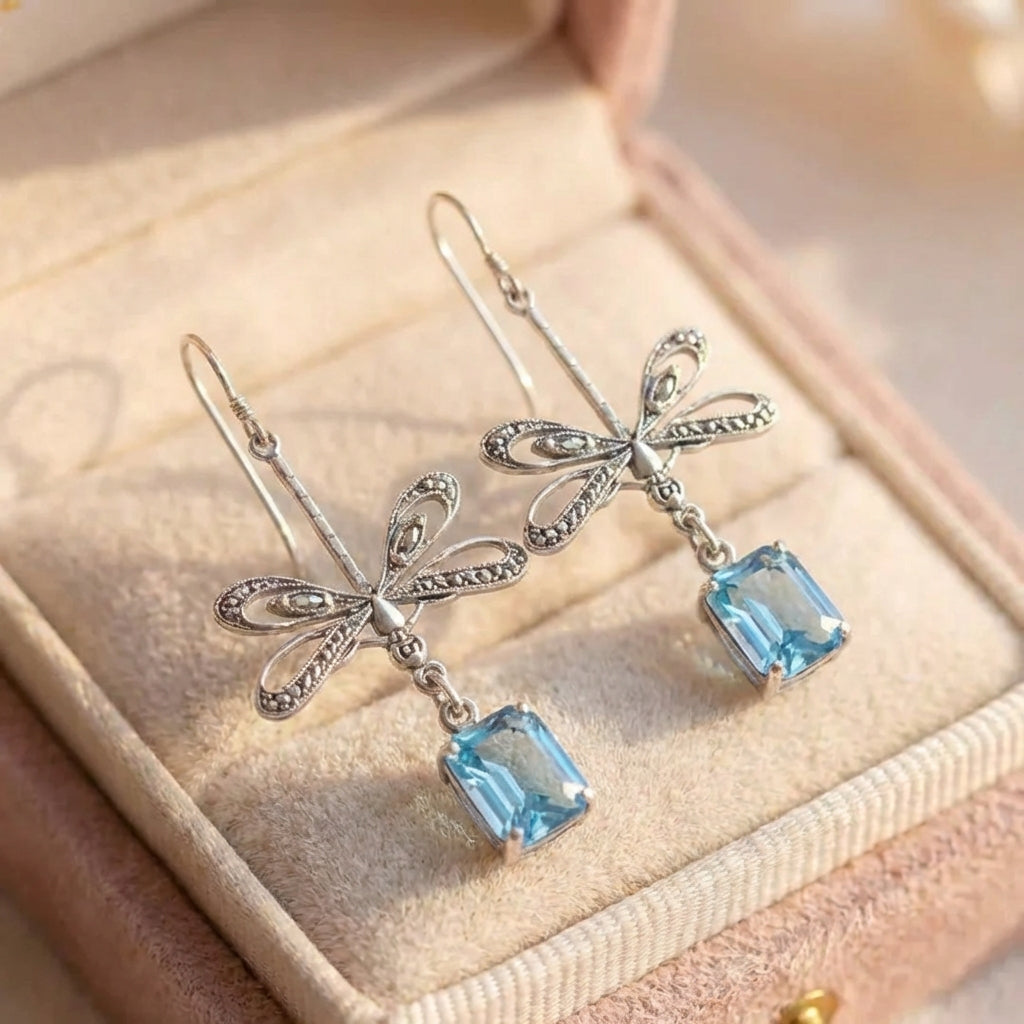 Vintage Dragonfly Blue Stone Dangle Earrings