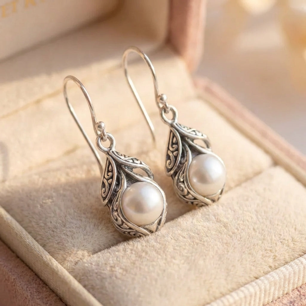 Vintage Dangling Pearl Silver Earrings