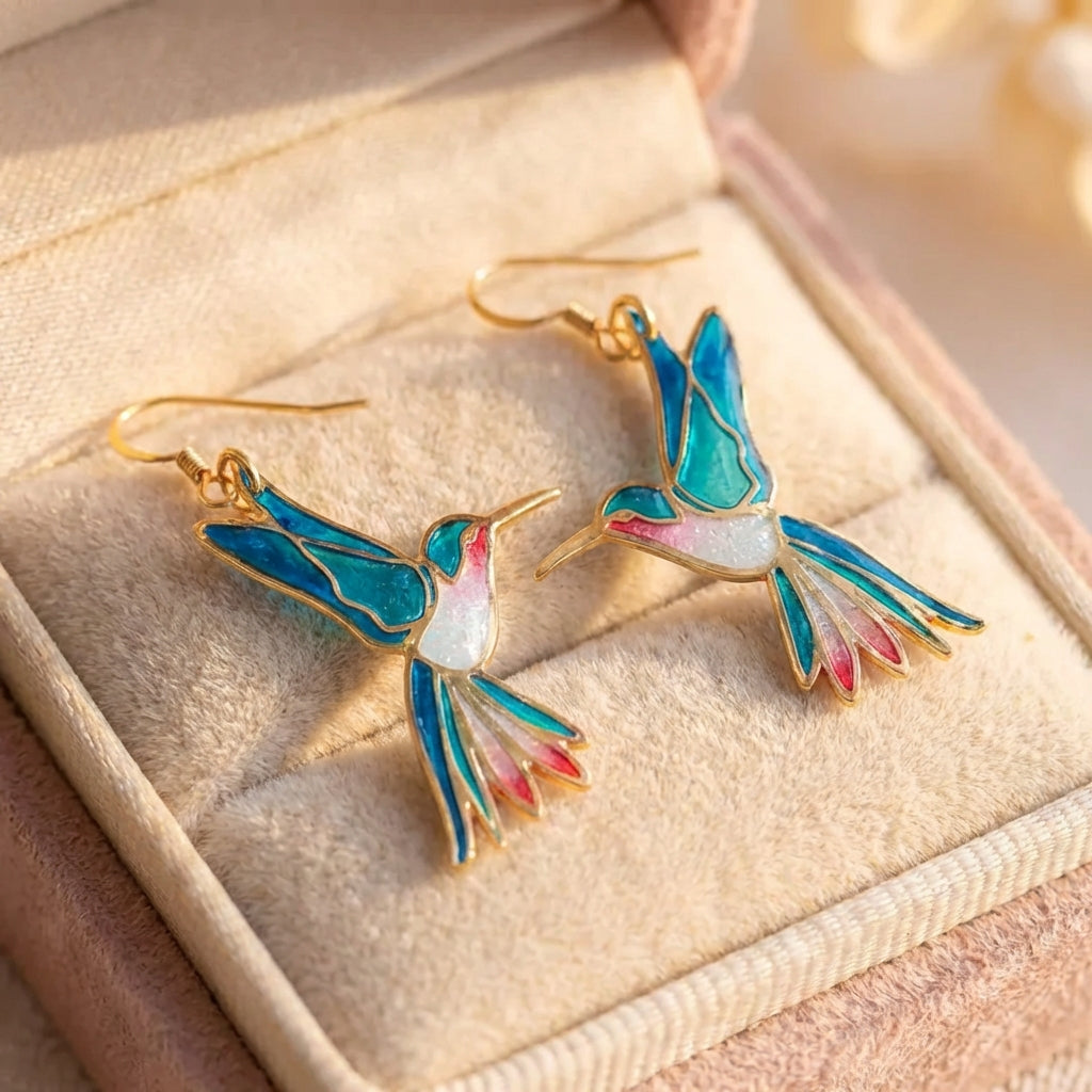 Vintage Blue Enamel Hummingbird Earrings
