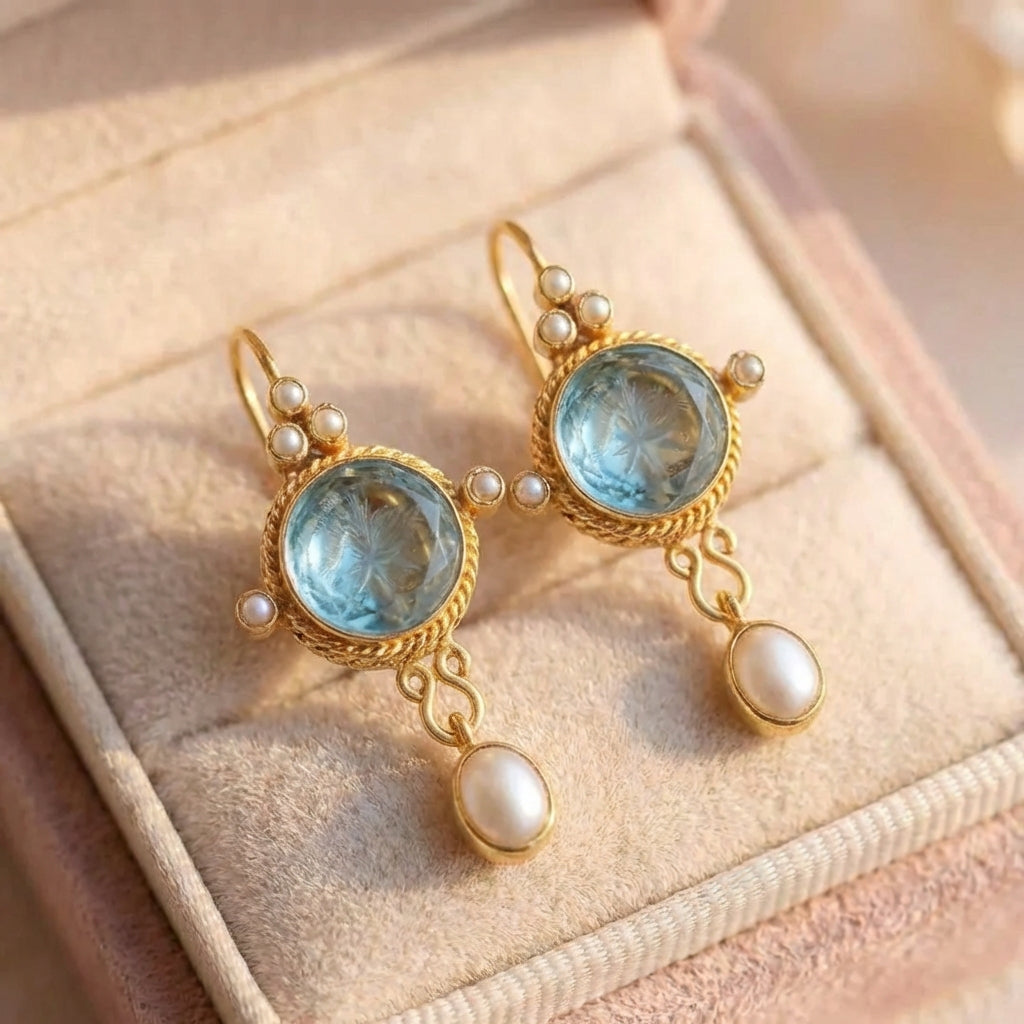 Vintage Blue Glass & Pearl Drop Earrings