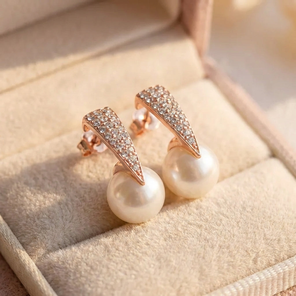 Set Necklace + Earrings With Pearls In Rose Gold