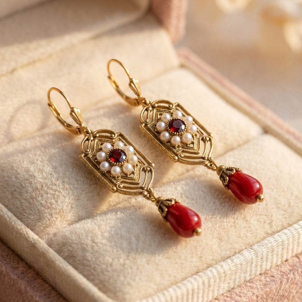 Regal Pearl Red Waterdrop Stone Earrings