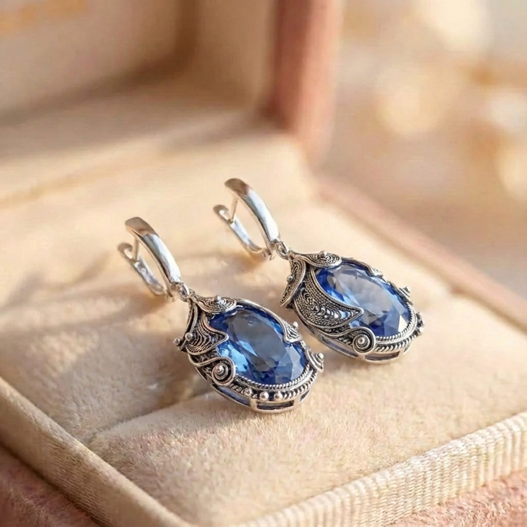 Silver Color Inlaid Blue Stone Earrings