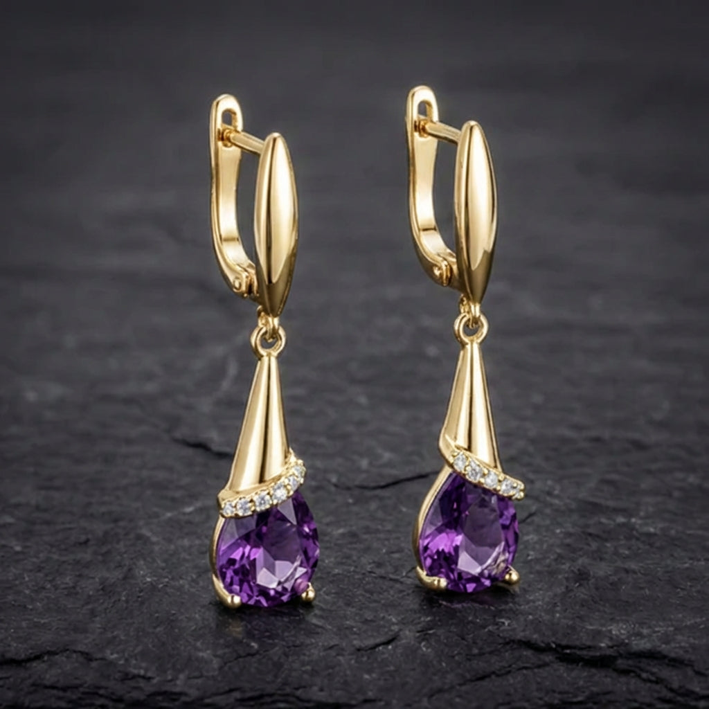 Elegant Purple Zircon Stone Gold Earrings
